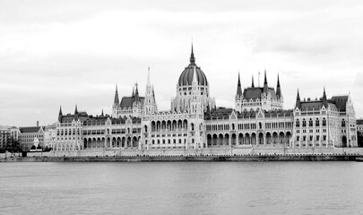 Panoramic view of the parliament and river. Close-up. Budapest. Hungary.