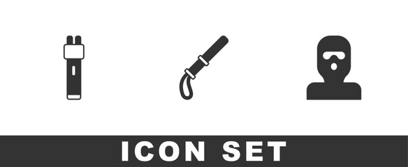 Obraz premium Set Police electric shocker, rubber baton and Thief mask icon. Vector