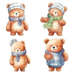 set Funny birthday bears of watercolors on white background