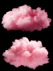 Set of two fluffy pink clouds isolated on black background