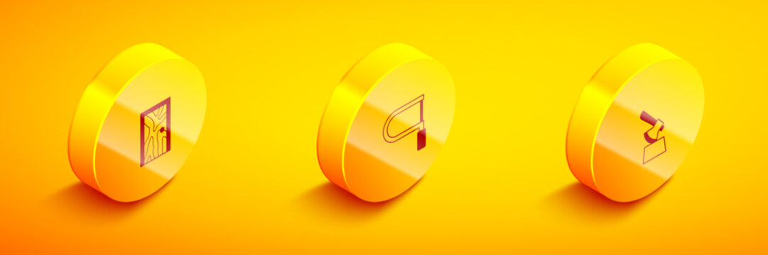 Set Isometric Closed door, Hacksaw and Wooden axe in stump icon. Vector