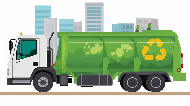 a green garbage truck in the city, vector style, cartoon details 