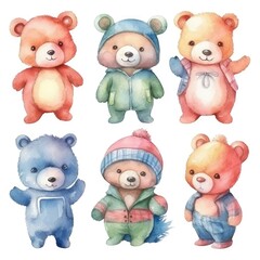 set Funny birthday bears of watercolors on white background