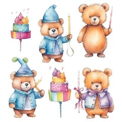 set Funny birthday bears of watercolors on white background