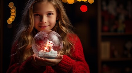Naklejka premium Araffe young lady in ruddy sweater holding a snow globe with a teddy bear