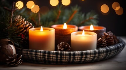 Obraz na płótnie Canvas Burning candles and christmas enhancements on wooden plate with warm plaid. winter cozy fashion. hygge concept.