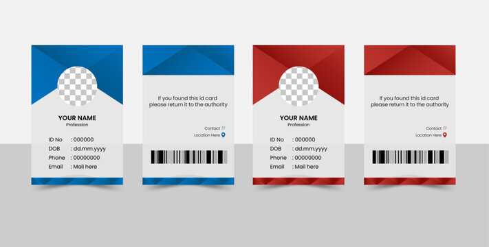 Modern and minimalist office id card template with an author photo place including red and blue gradient for your business or company