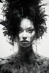 Artistic woman portrait, black and white illustration