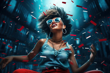 Joyful black woman clubbing, close-up portrait. Beautiful realistic ai - obrazy, fototapety, plakaty
