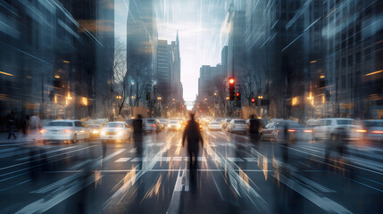 Rear view of a male person walking at the city street, blurred motion, double exposure style