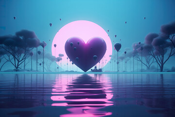 3d glossy purple hearts and background, over blue water surface, creative romantic background