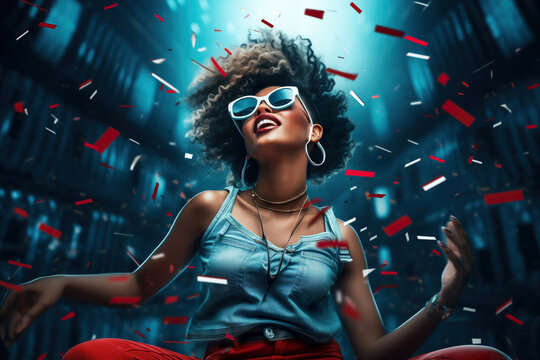 Joyful black woman clubbing, close-up portrait. Beautiful realistic ai