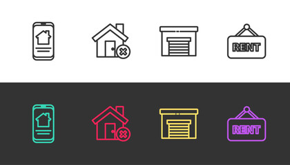 Set line Online real estate house, House with wrong mark, Garage and Hanging sign Rent on black and white. Vector