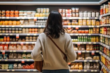 Fototapeta premium Woman Contemplating Choices in the Grocery Aisle Generative AI