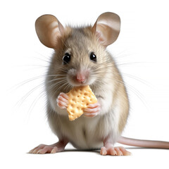 Grey mouse eating cracker and looking at camera, isolated on white background