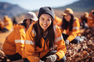 Group team of young and diverse volunteer workers collecting garbage and cleaning nature. Generative AI