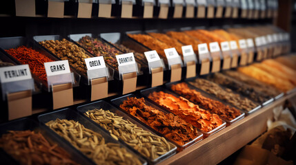 Aromatic spices shop or a supermarket spice section with empty price or name tag as wide banner