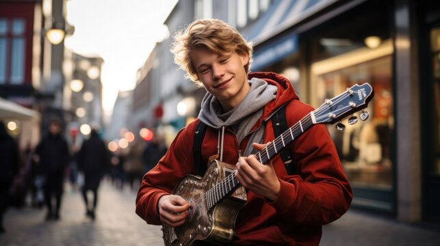 photo of a teenager playing an original song on a city street, dressed in musician street fashion,