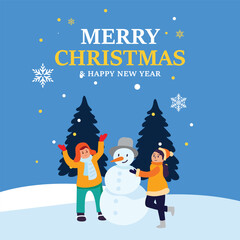 christmas card with cartoon illustration of kids and a snowman