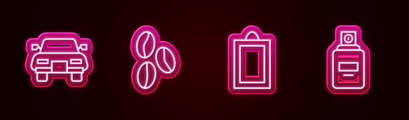 Set line Car, Coffee beans, Picture and Perfume. Glowing neon icon. Vector