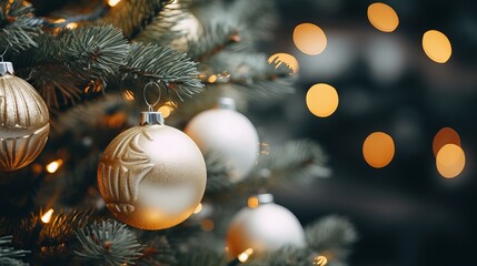 Obraz na płótnie Canvas Christmas tree brightened with white and brilliant balls near up