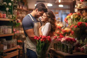 A male florist congratulates his beloved on Valentine's Day in a flower shop among a large number of bouquets of flowers. Romantic scene. Generative AI.