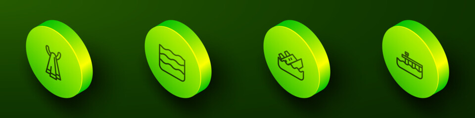 Set Isometric line Towel on a hanger, Wave, Sinking cruise ship and Beach pier dock icon. Vector