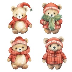 set Funny Christmas winter bears of watercolors on white background