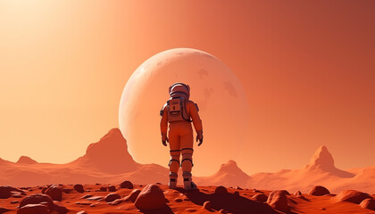 Astronaut walking on Mars or foreign planet. Concept of discovery, science and new frontiers. Minimalistic wallpaper. 