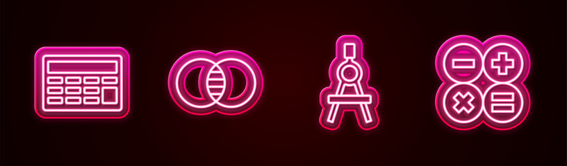 Set line Calculator, Mathematics sets A and B, Drawing compass and . Glowing neon icon. Vector