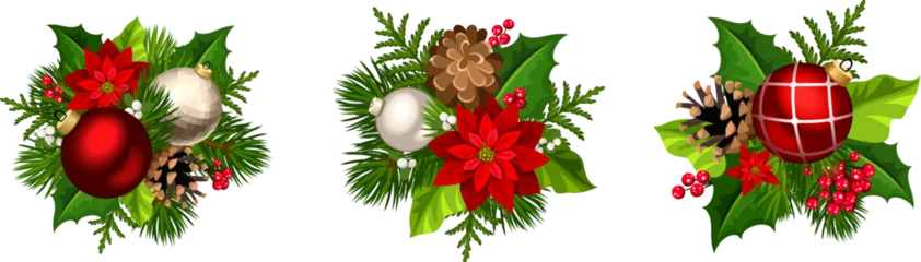 Tapeten Christmas decorations with red and silver Christmas balls, fir branches, pinecones, poinsettia flowers, holly, and mistletoe isolated on a white background. Set of vector illustrations © naddya
