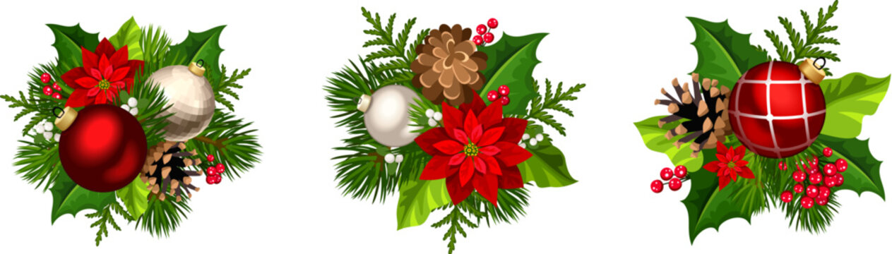 Christmas decorations with red and silver Christmas balls, fir branches, pinecones, poinsettia flowers, holly, and mistletoe isolated on a white background. Set of vector illustrations