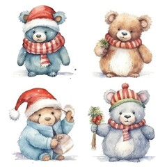 set Funny Christmas winter bears of watercolors on white background