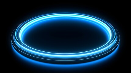Obraz premium Sky Blue Neon Light Circle on a black Background. Futuristic Template for Product Presentation