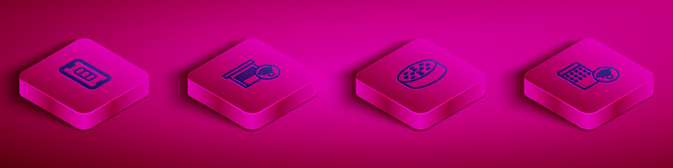 Set Isometric line Smartphone battery charge, garage, Water sensor and Air humidifier icon. Vector