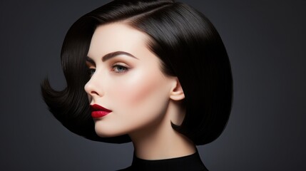 Portrait of a beautiful vamp woman with bright red lips. Advertising photography.