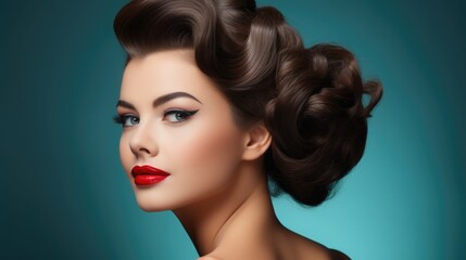 Fototapeta premium Portrait of a beautiful vamp woman with bright red lips. Advertising photography.