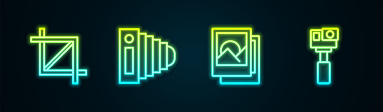 Set line Picture crop photo, Photo camera, frame and Action. Glowing neon icon. Vector