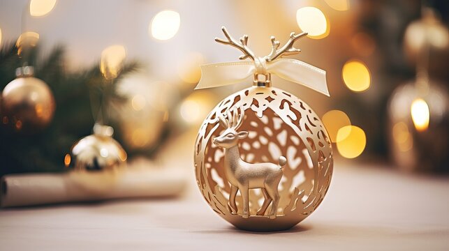 Trimmed phoro of woman hands holding wonderful deer toy close the christmas tree. new year eve concept