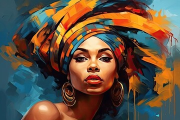 Captivating Portrait of a Woman with a Vibrant Multicolored Headdress Generative AI © Johnathan