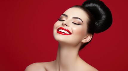 Fototapeta premium Portrait of a beautiful vamp woman with bright red lips. Advertising photography.