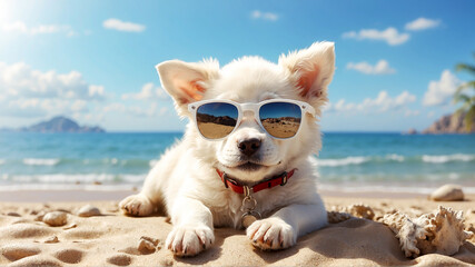 cute white puppy in sunglasses lies on the sandy seashore - obrazy, fototapety, plakaty