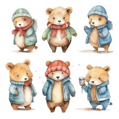 set Funny Christmas winter bears of watercolors on white background