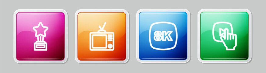 Set line Movie trophy, Retro tv, 8k Ultra HD and Online play video. Colorful square button. Vector