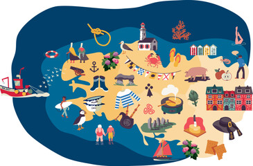 Map of the french area: Bretagne. Set of illustrated icons in a vector flat design. Icons of food, culture and landscapes.