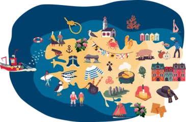 Poster Map of the french area: Bretagne. Set of illustrated icons in a vector flat design. Icons of food, culture and landscapes. © Aurore