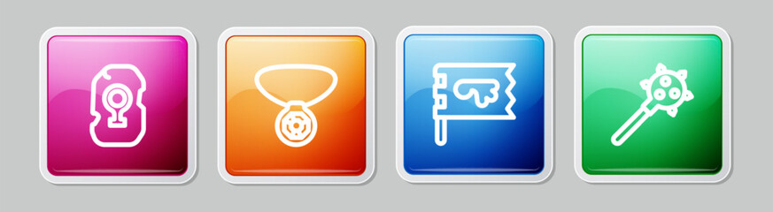 Set line Magic rune, Necklace with gem, Viking flag and Mace spikes. Colorful square button. Vector