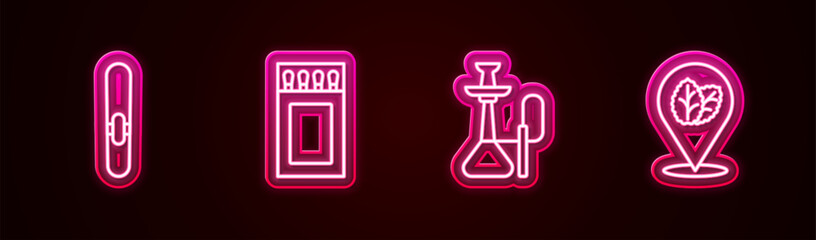 Set line Cigar, Matchbox and matches, Hookah and Tobacco leaf. Glowing neon icon. Vector