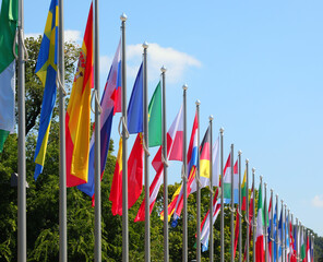 colorful flags of world states lined up on poles during the international event