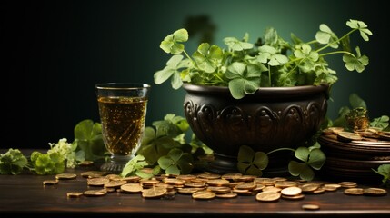St.Patrick 's Day. Barrel with coins and clover and a pile of gold coins and a drink .
